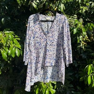 Zadig & Voltaire blue floral ruffle v-neck hi lo hem blouse